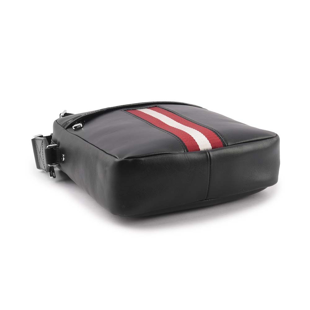 【BALLY】Holm 紅白條紋牛皮日字斜背包(黑色)