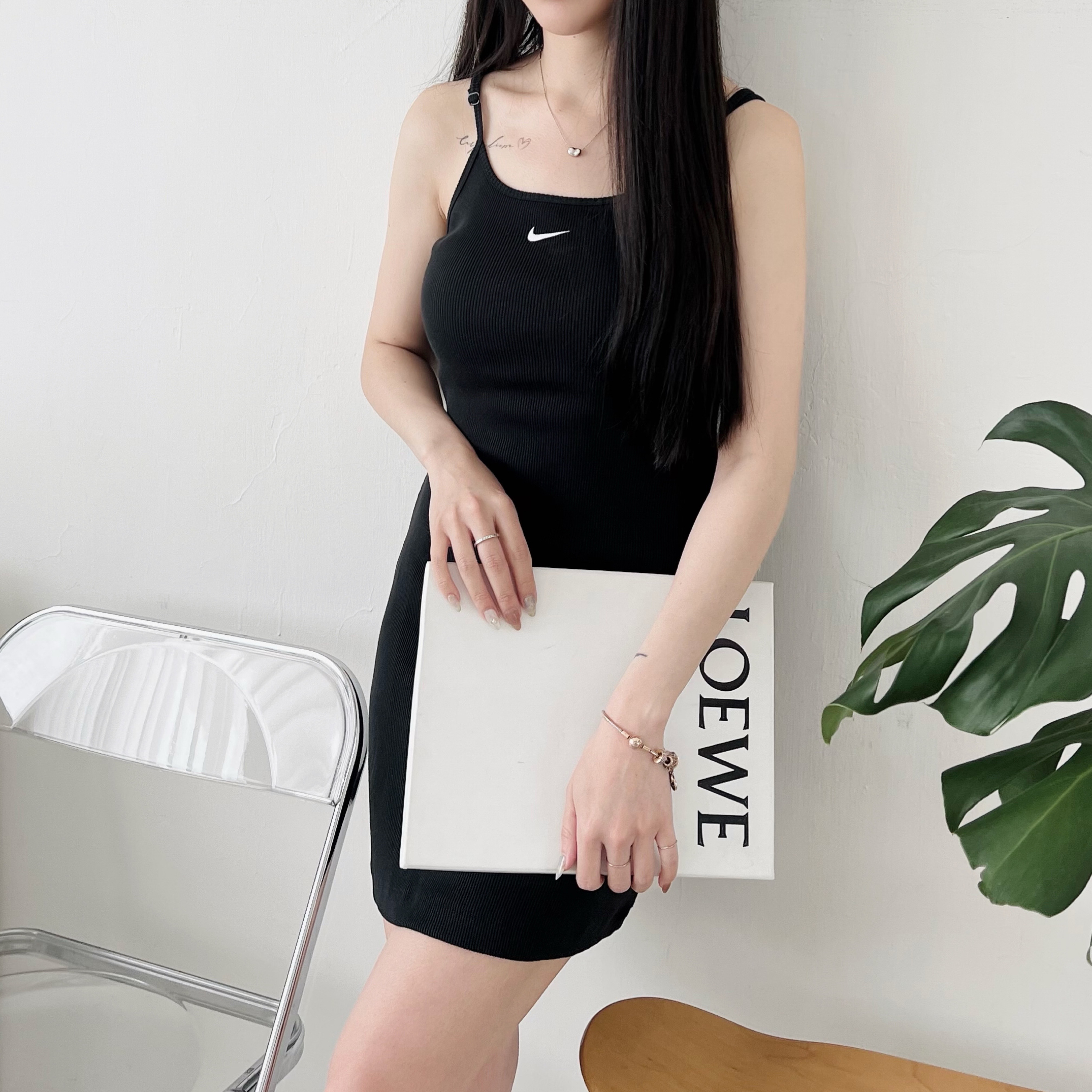 【現貨】Nike Thin Shoulder Dress 洋裝 細肩 小字勾 連身 羅紋 貼身 哥哥今晚有點涼 黑
