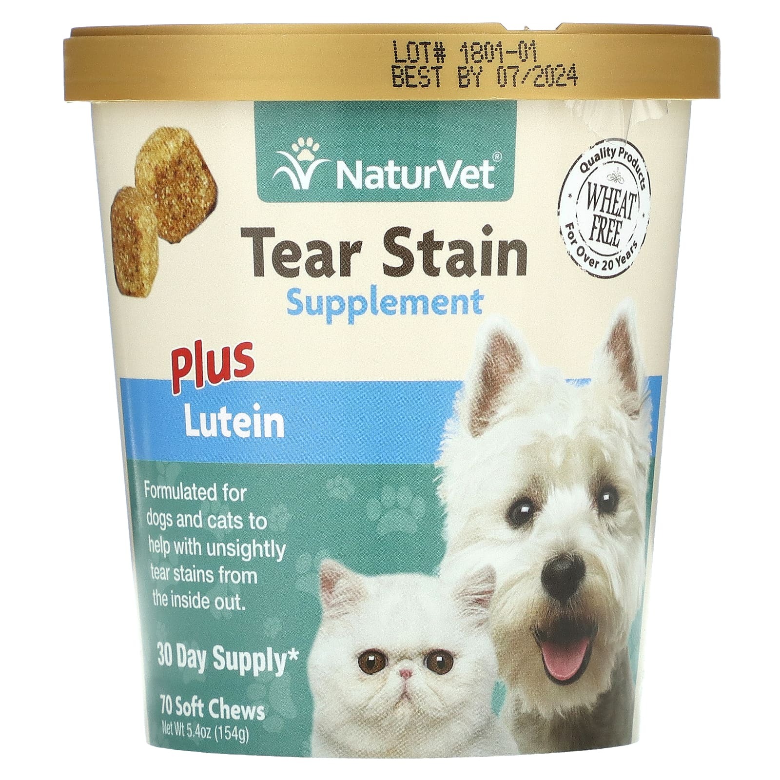 NaturVet, Tear Stain Plus Lutein，貓犬專用，70 片軟咀嚼片