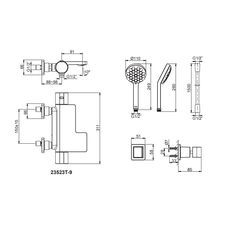 Kohler "Parallel" K-23523T-9-RGD Thermostatic Exposed Wall-mount Bath and Shower Faucet with Hand Shower Set