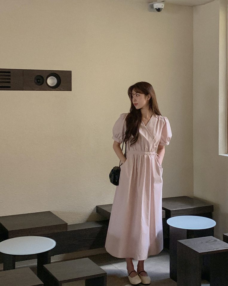 韓國Cherrykoko授權 優雅氣息交叉領綁帶純棉洋裝