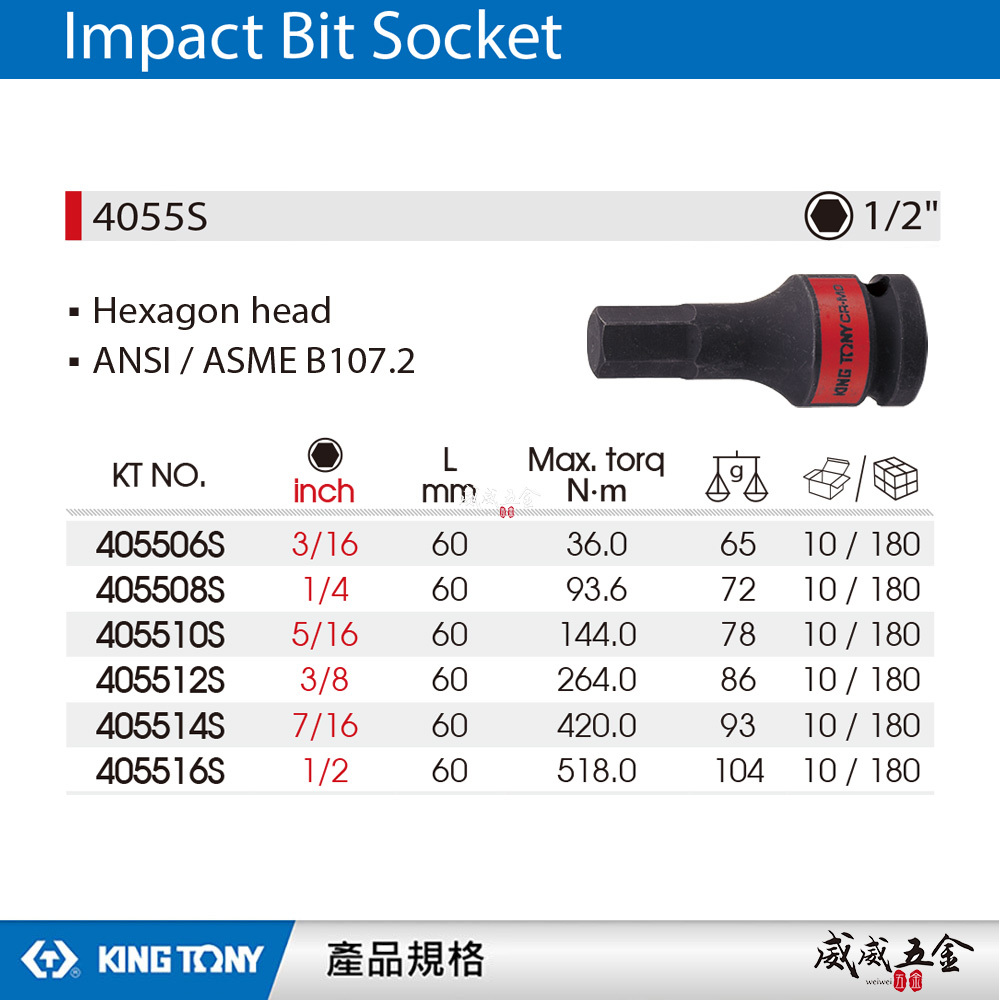 KING TONY 金統立｜英制 1/2" 4分 四分 60mm 六角氣動起子頭套筒 六角凸套筒｜4055S