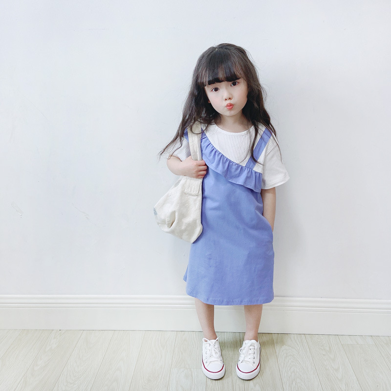 親子款 針織拼接假兩件洋裝 淺藍色