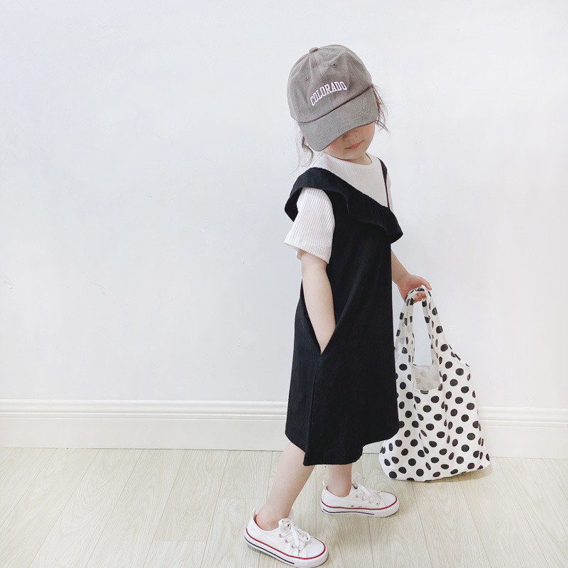 親子款 針織拼接假兩件洋裝 黑色