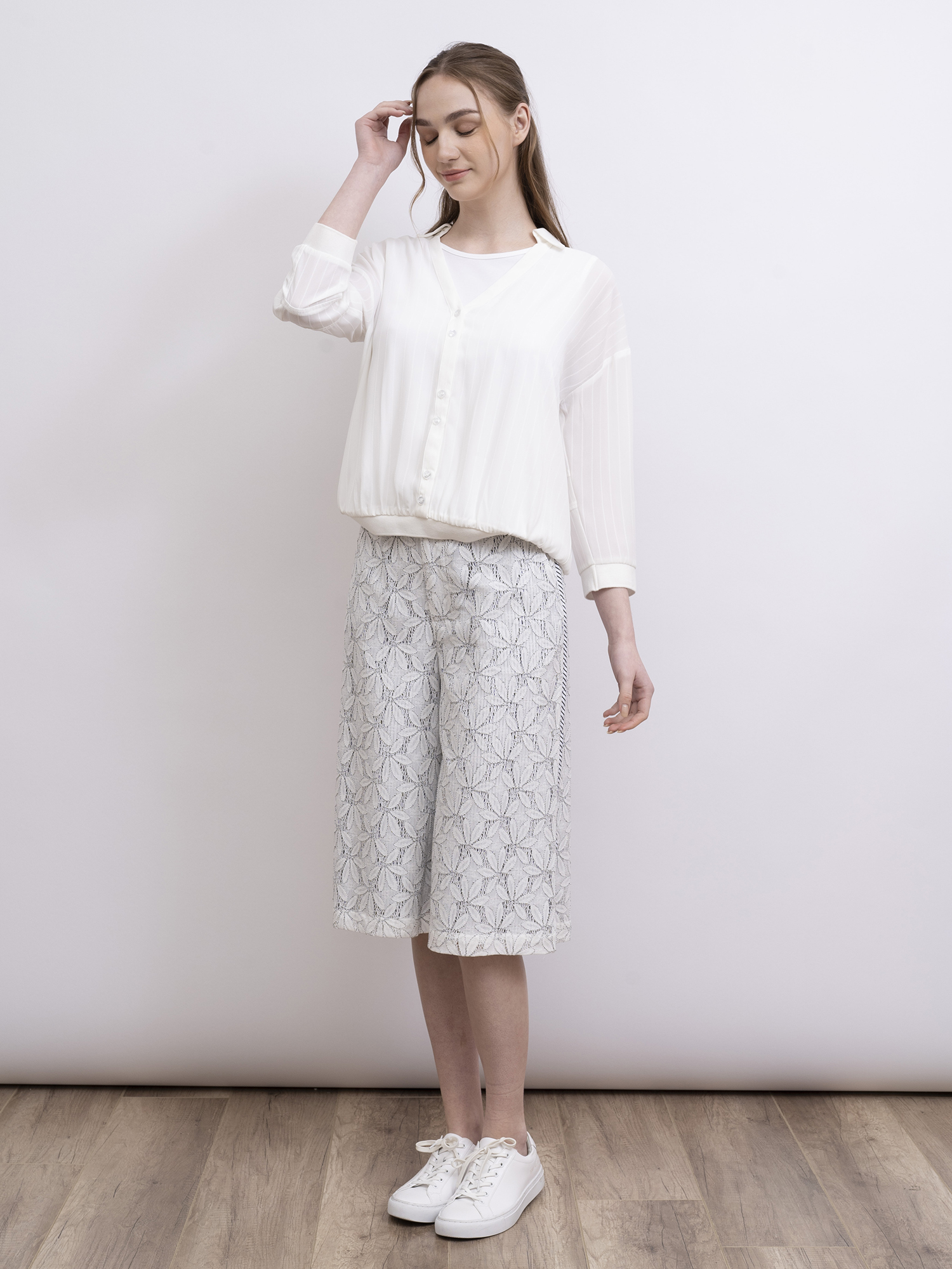 mi-tu 蕾絲七分闊腳褲