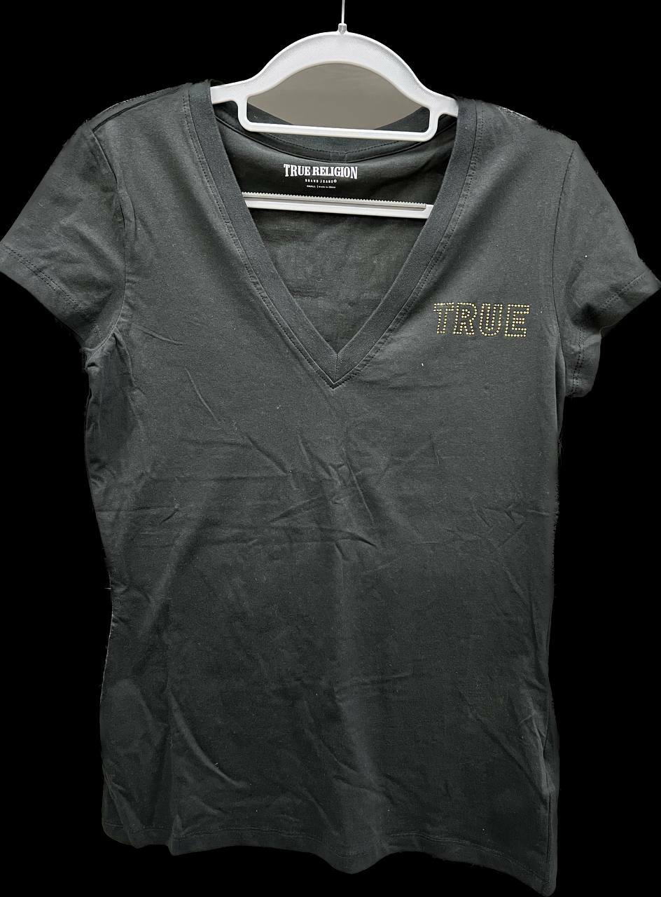 [S] TRUE RELIGION GLITTER STAMP V NECK TEE,JET BLACK, 205933-JET BLACK (STR123)