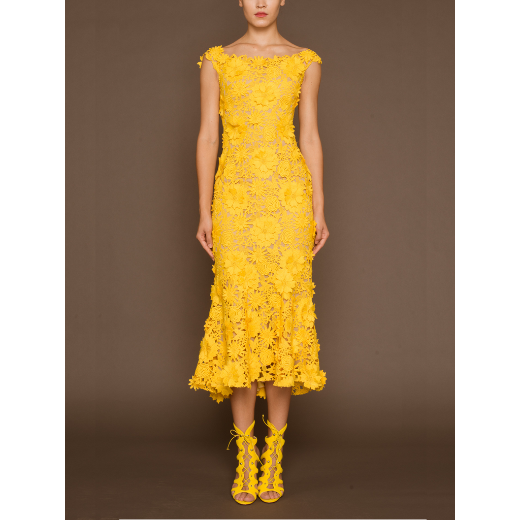 NAEEM KHAN - 飽和黃手工雕花蕾絲中長洋裝