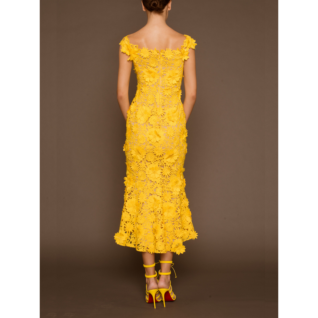 NAEEM KHAN - 飽和黃手工雕花蕾絲中長洋裝