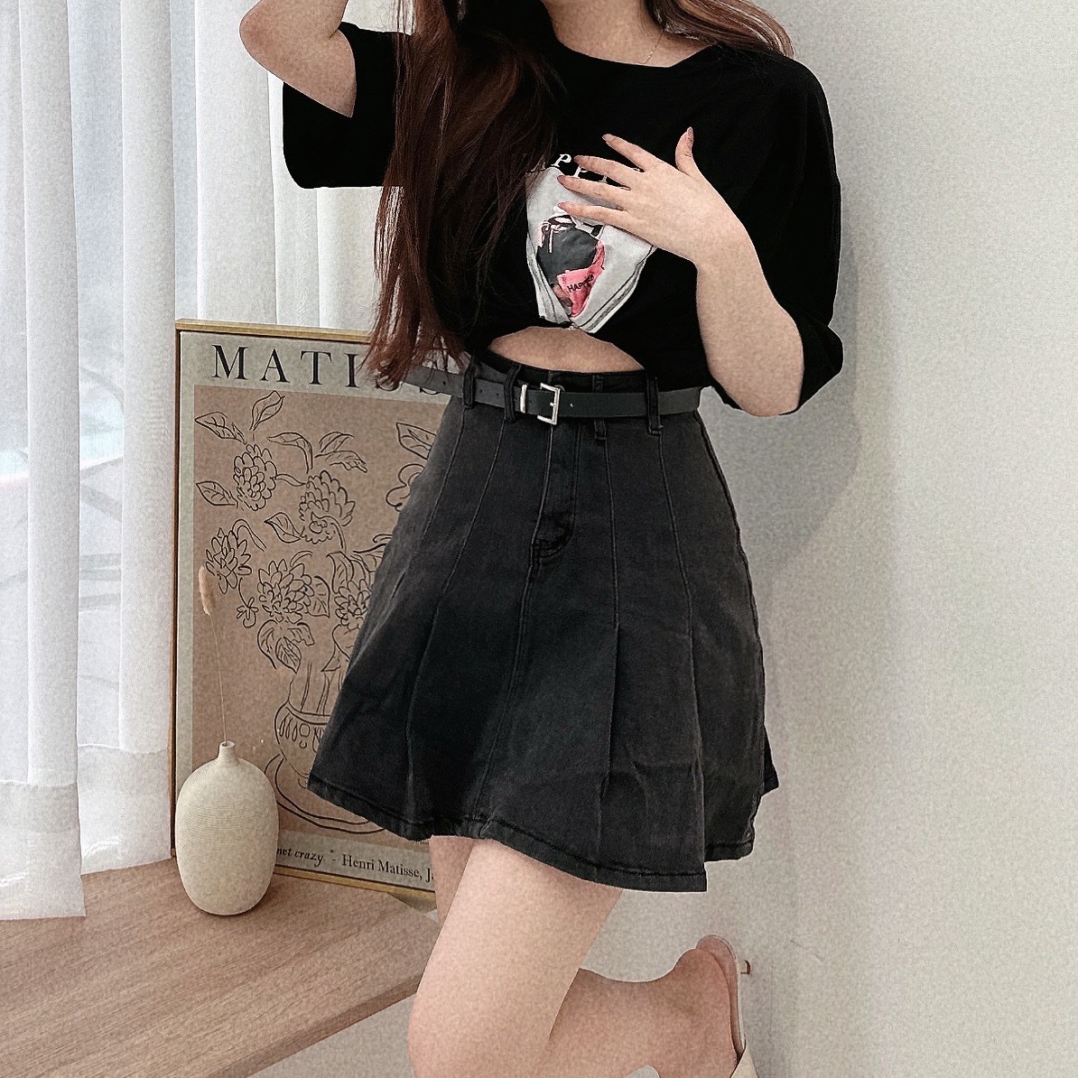 水洗百褶牛仔短裙(附皮帶)/二色