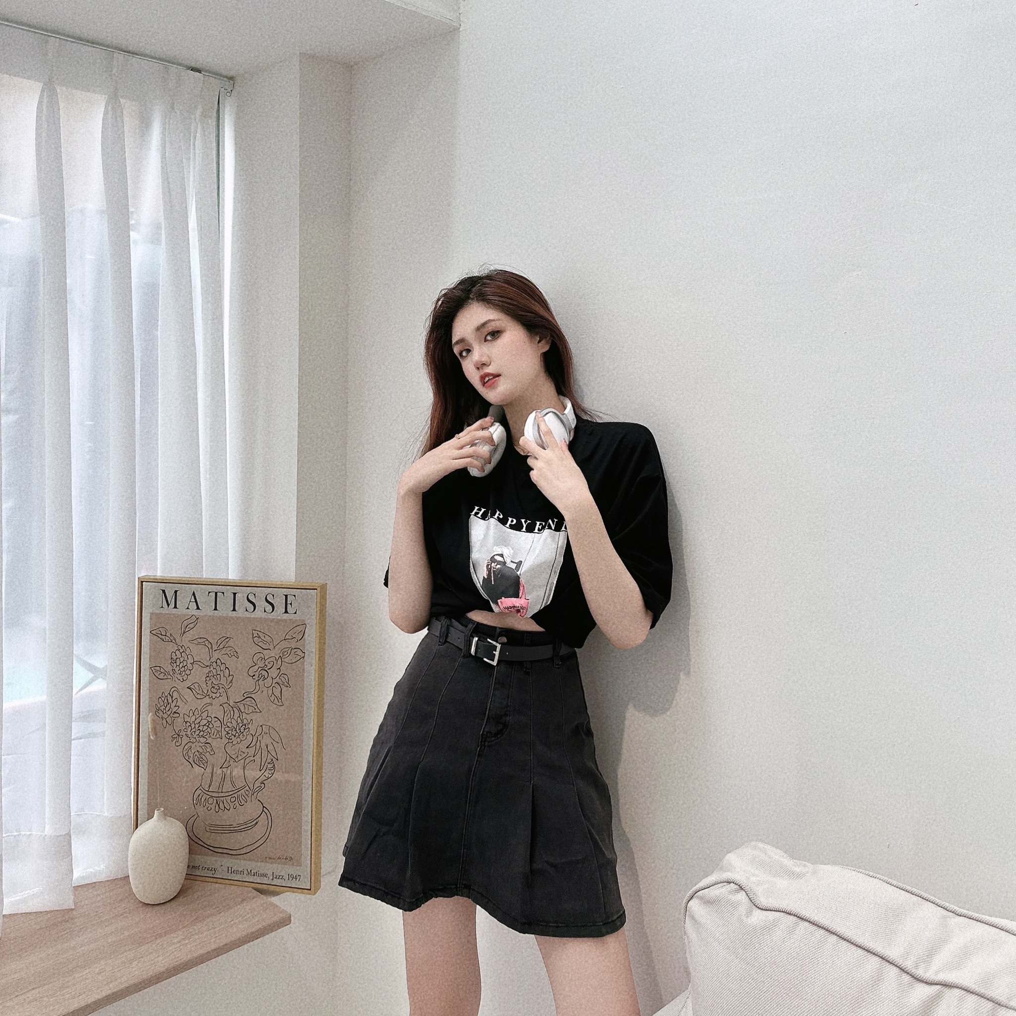 水洗百褶牛仔短裙(附皮帶)/二色