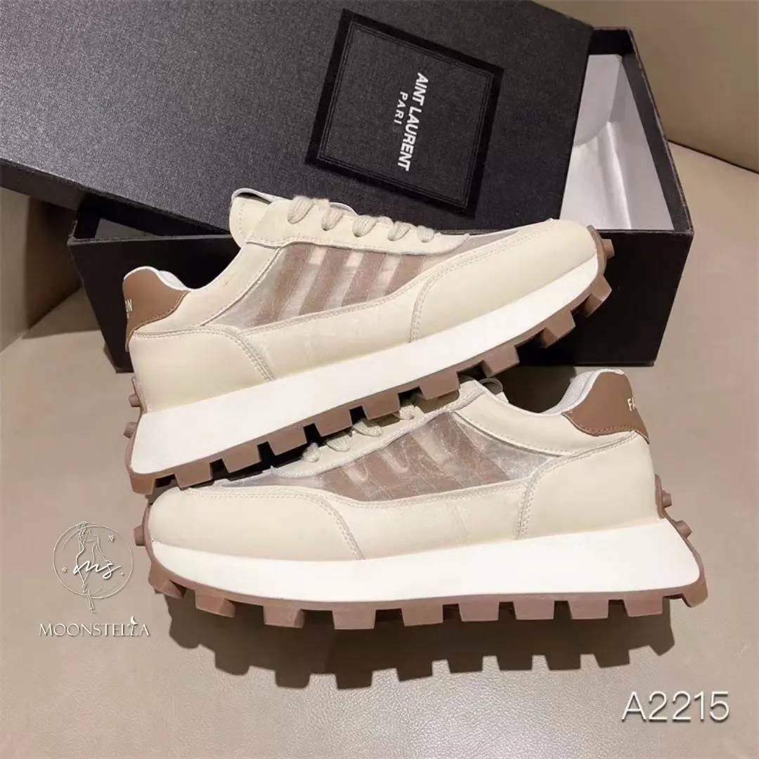 四線條牛皮透氣網休閒鞋