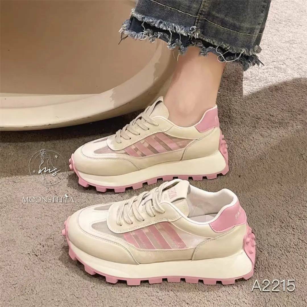 四線條牛皮透氣網休閒鞋