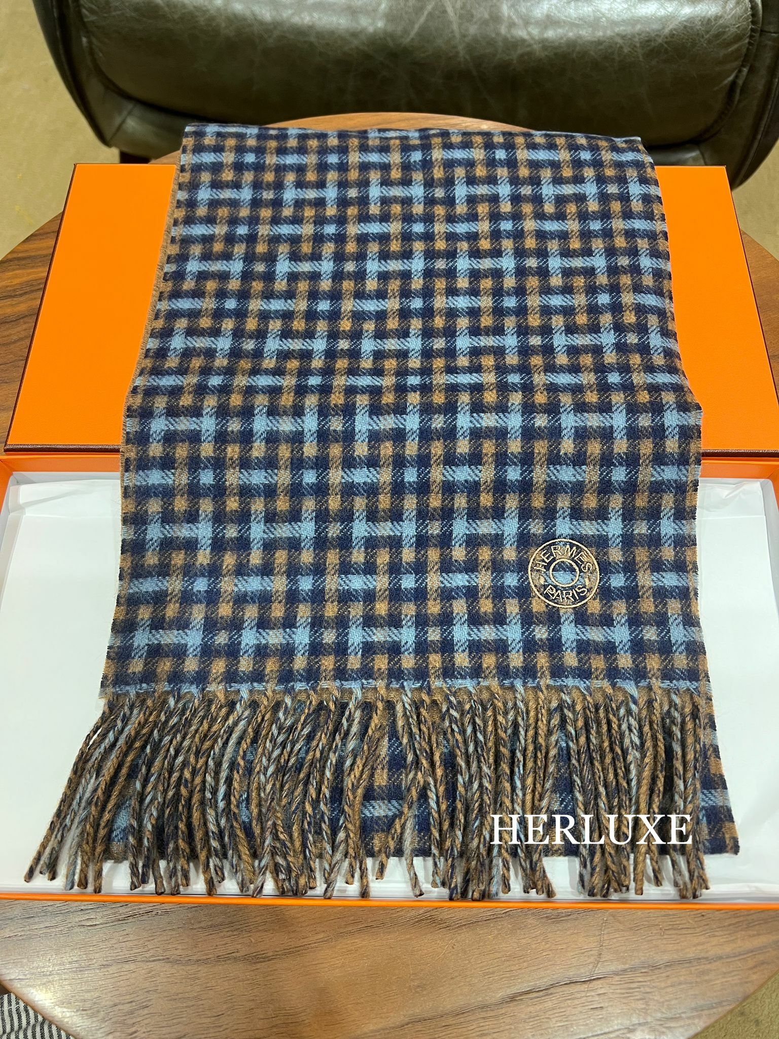 H Ecossais recto-verso muffler 100% cachemire blue 25x150cm