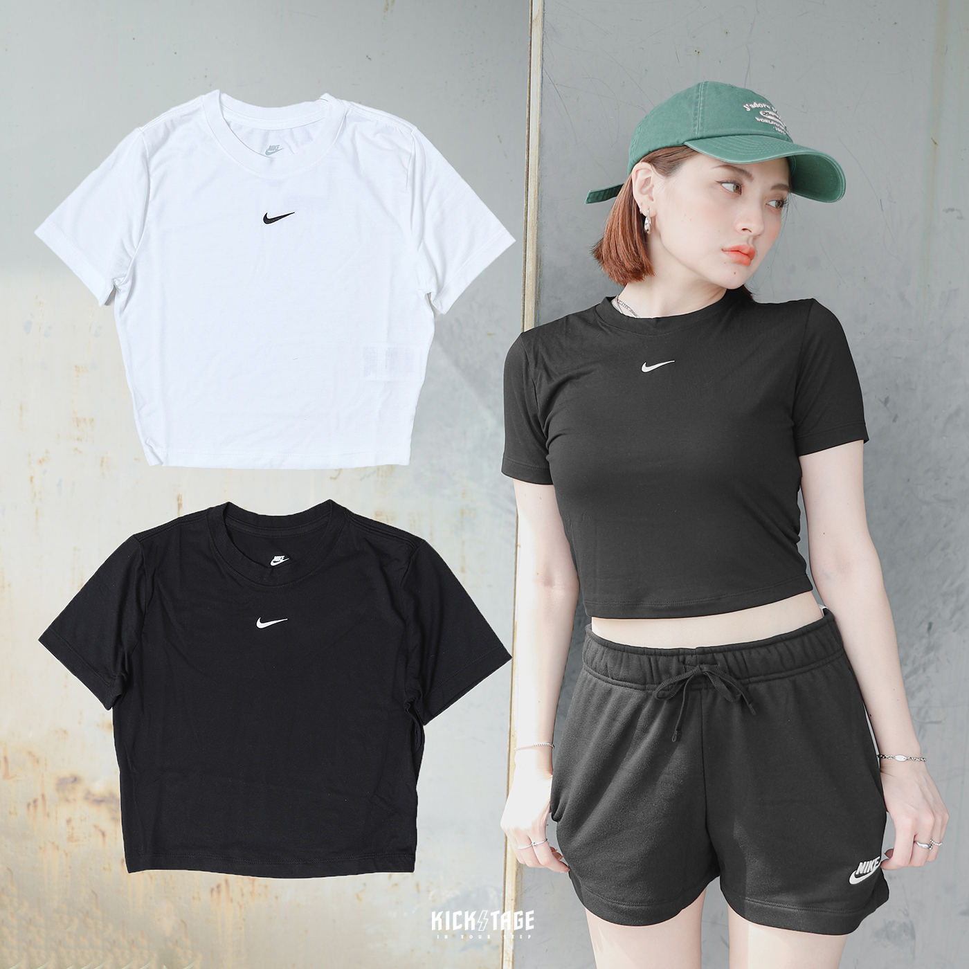 **特價商品售出不退換**女款 NIKE W NSW TEE ESSNTL SLIM CROP 黑色 白色 小勾刺繡 合身 彈性布料 短版 短T【FB2874-100】