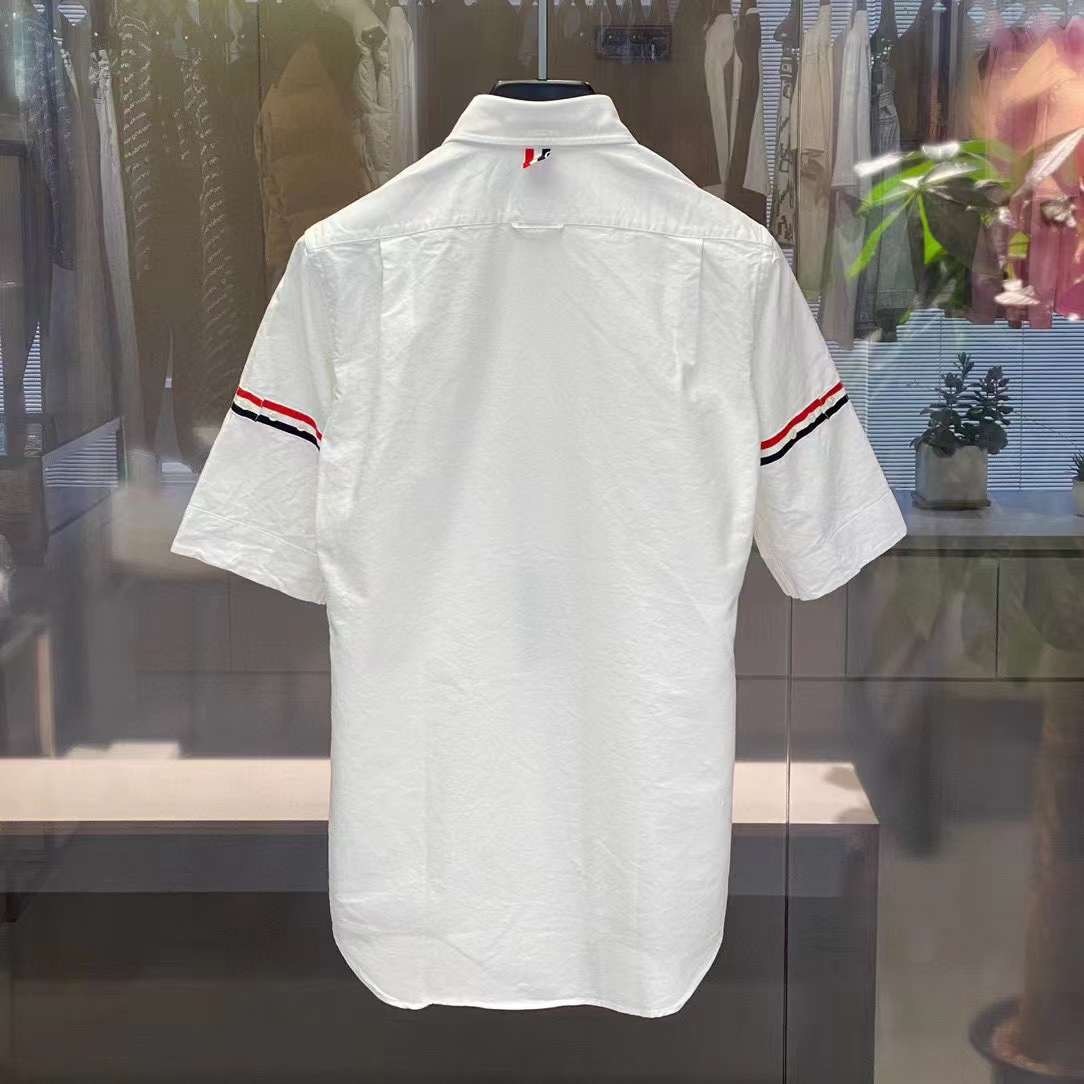 THOM BROWNE 雙袖彩條牛律布短袖襯衫-M