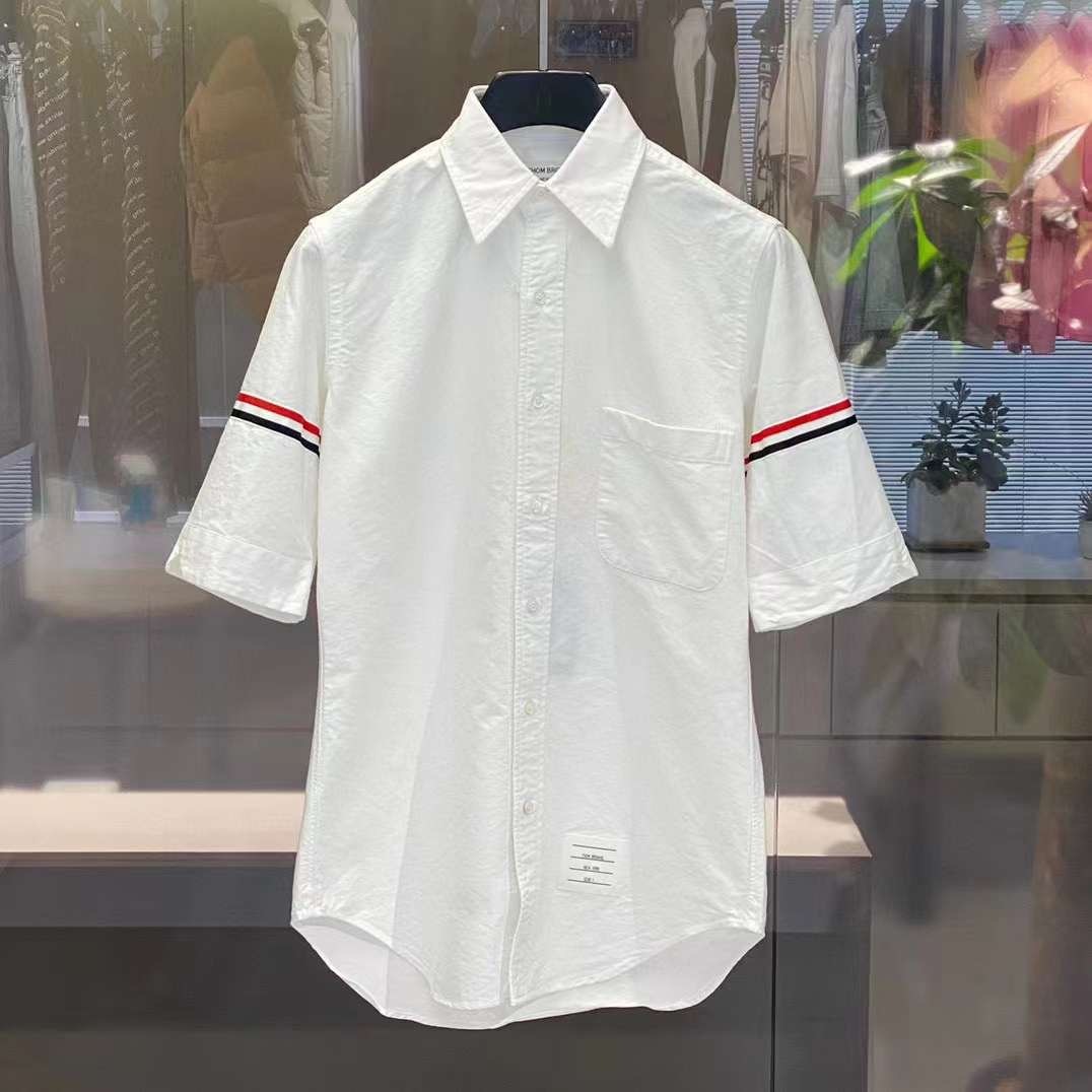 THOM BROWNE 雙袖彩條牛律布短袖襯衫-M