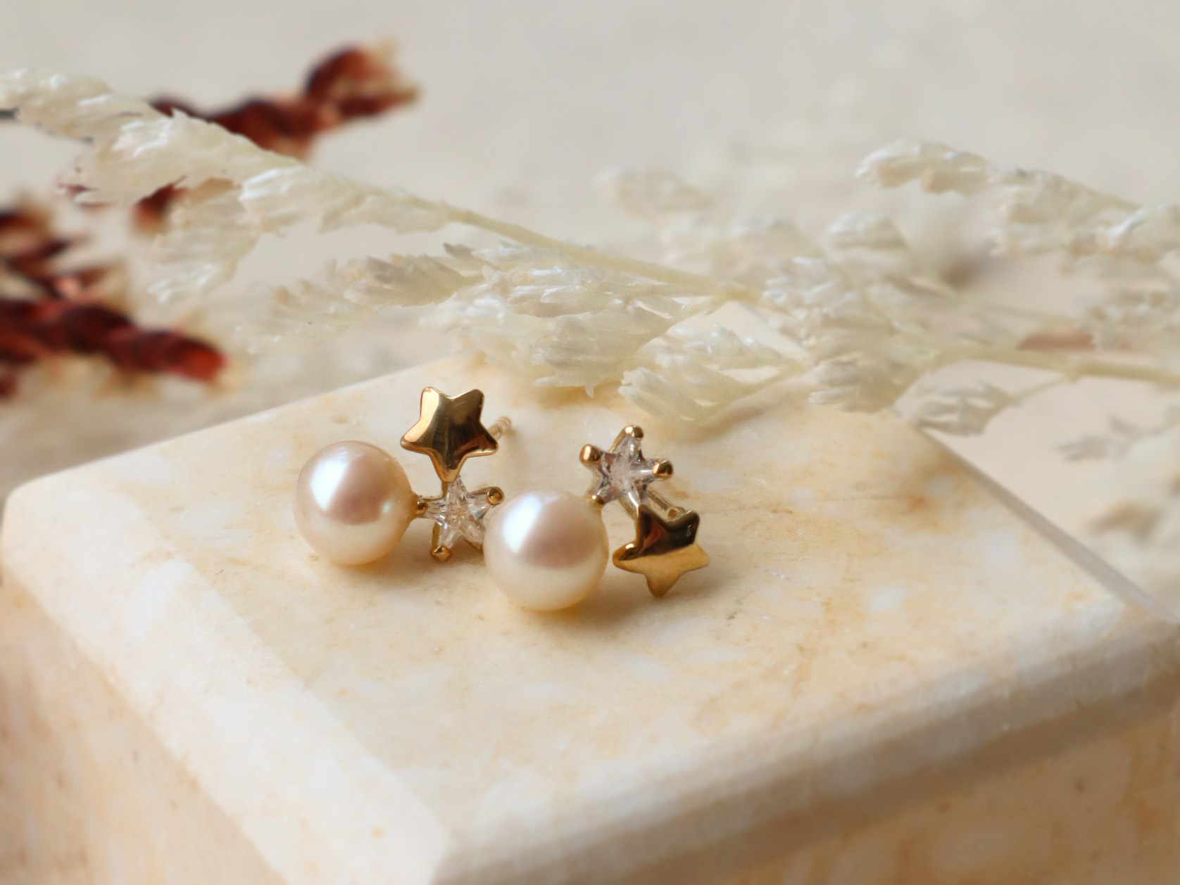 10K/雙星珍珠耳環