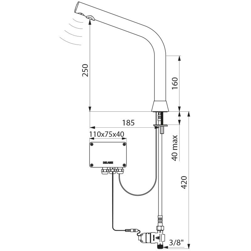 Delabie "BLACK BINOPTIC" 498035 Deck-mounted tall electronic basin tap, 6V Lithium battery-operated