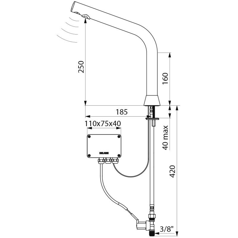Delabie "BLACK BINOPTIC" 398035 Deck-mounted tall electronic basin tap, 230/12V mains supply with transformer