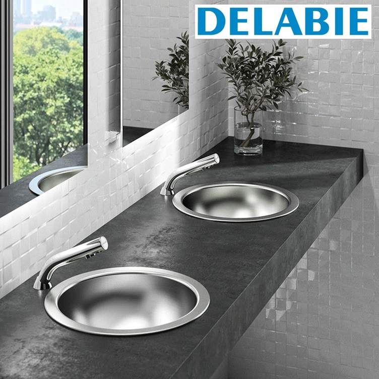Delabie "BINOPTIC" 478015 Deck-mounted electronic basin tap, 6V Lithium battery-operated