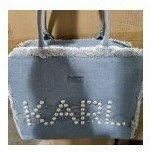 [S] KARL LAGERFELD MARGOT FRINGE CANVAS ZIP TOTE,LIGHT WASH [SPECIAL PRICE], 196788954846 (SKL547)