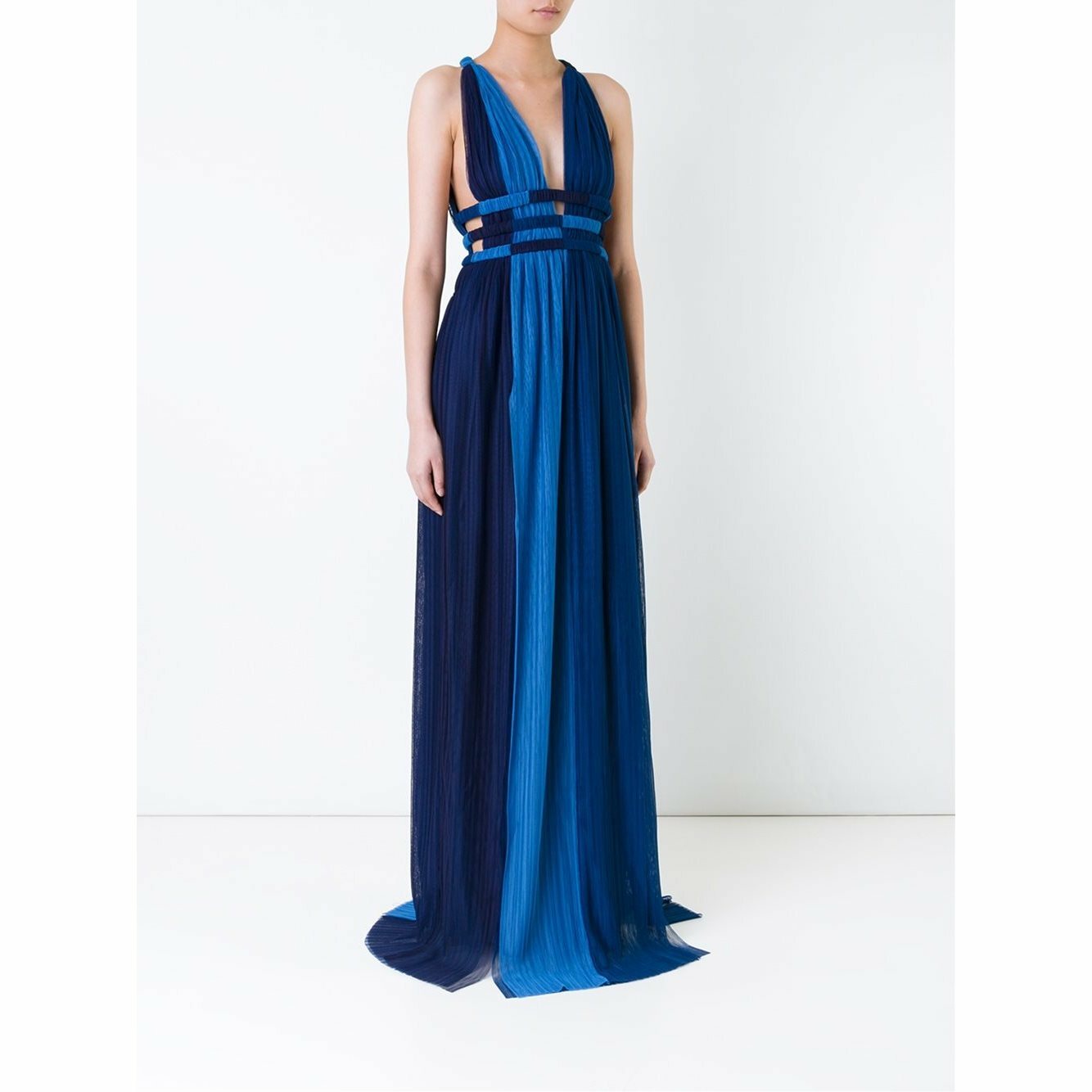 Jay Ahr - 深V露背雙色拼接無袖長洋裝