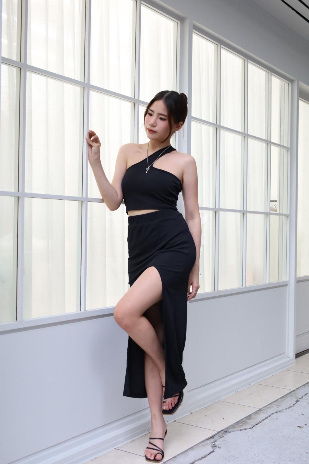 歐美斜肩長裙套裝