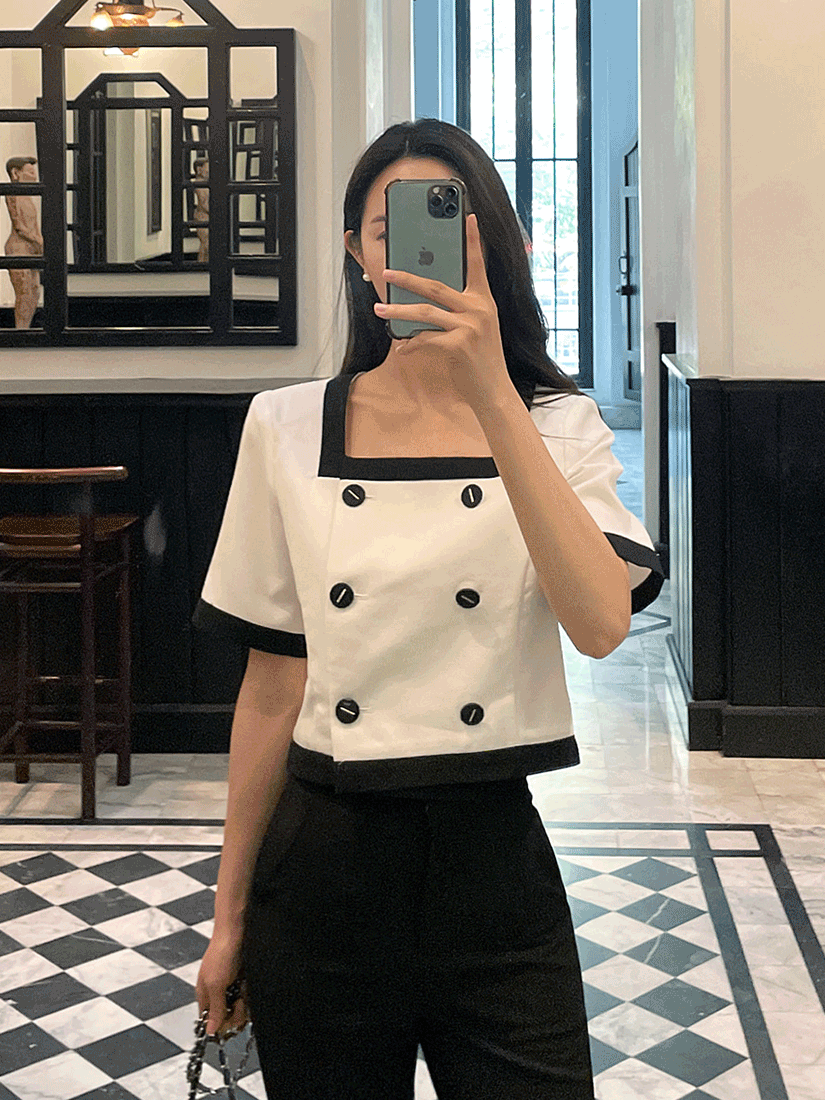 [現貨] 方領拼色雙層上衣(黑色)