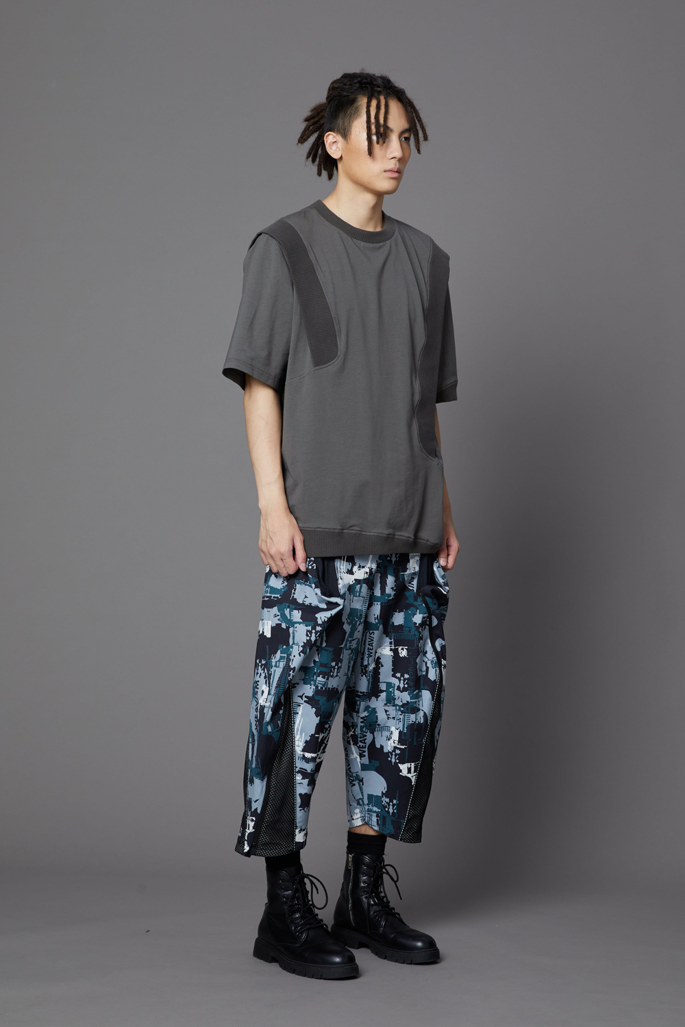 羅紋剪接Tee-深灰