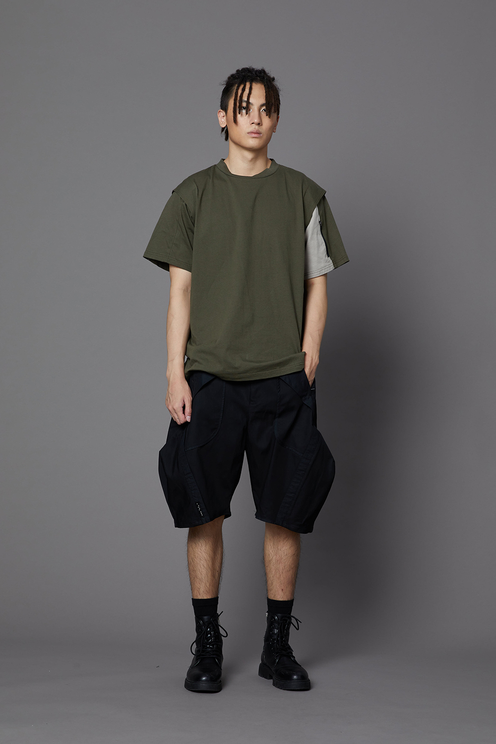 袖口袋撞色上衣-墨綠