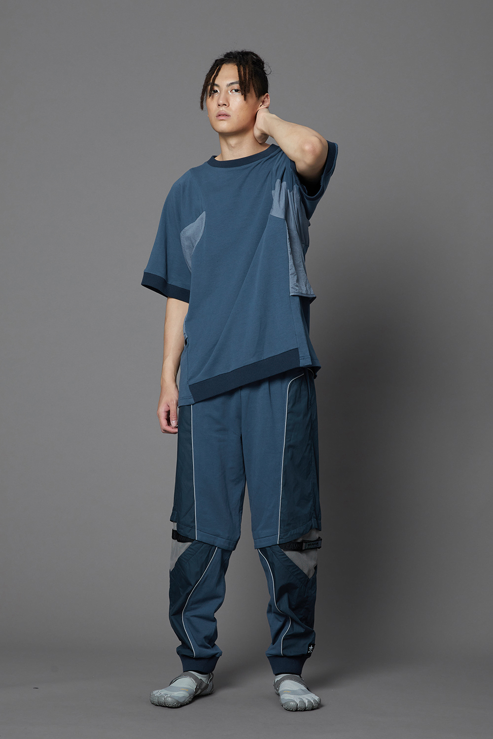 寬鬆羅紋袖上衣-灰藍