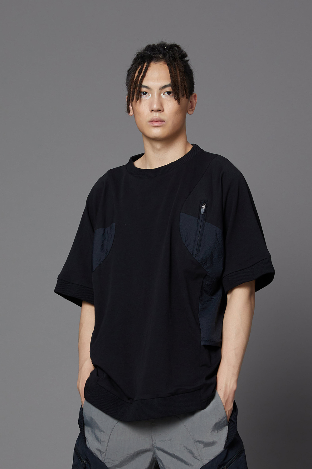 寬鬆羅紋袖上衣-黑