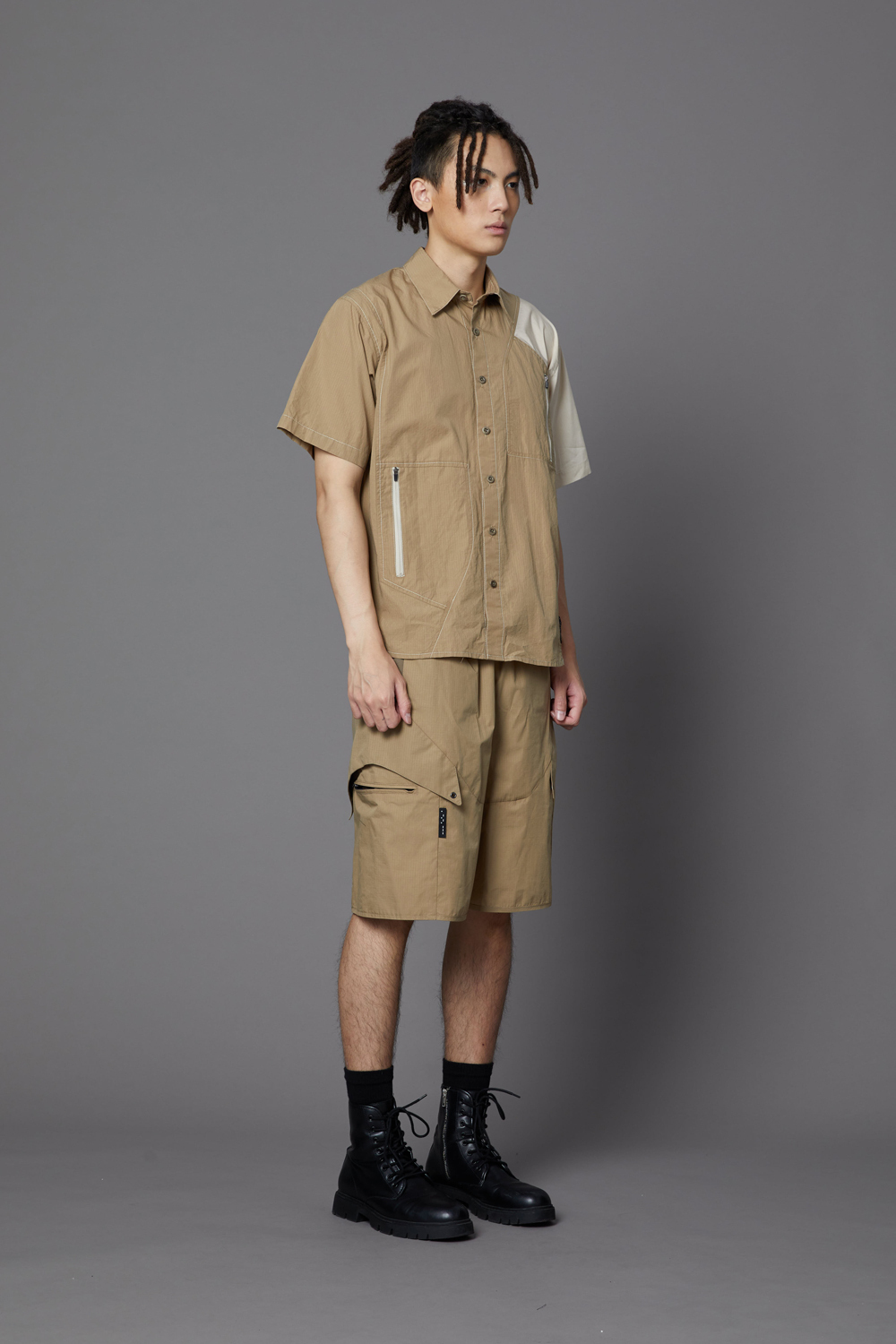 工裝撞色短袖襯衫-深卡其