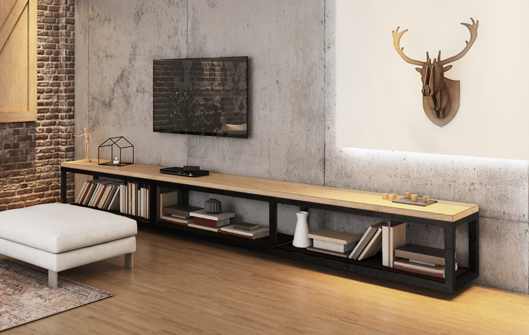 工業風電視櫃不需要過多抽屜，使用一片具有特殊紋理的原木，搭配外型俐落大方的黑色粉體烤漆腳座，讓硬派金屬與溫潤原木碰撞出新火花，擁有一個極具線條感的工業風客廳再也不是夢！