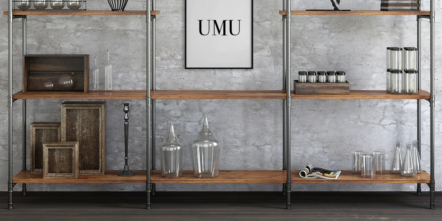 用實木拼板搭配鐵製收納架、展示架鐵腳，不僅能擴增收納量，也能讓各式風格的家用電器有個工業風的家，幫助工業風風格更好地融入廚房之中。