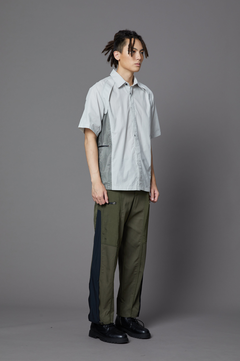 側拉鍊口袋短袖襯衫-灰