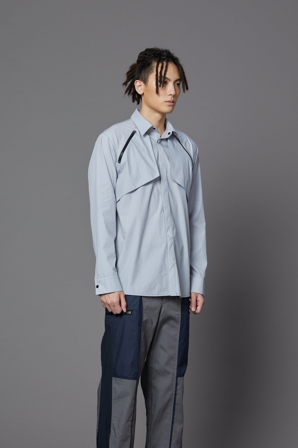 後活片透氣長袖襯衫-灰藍