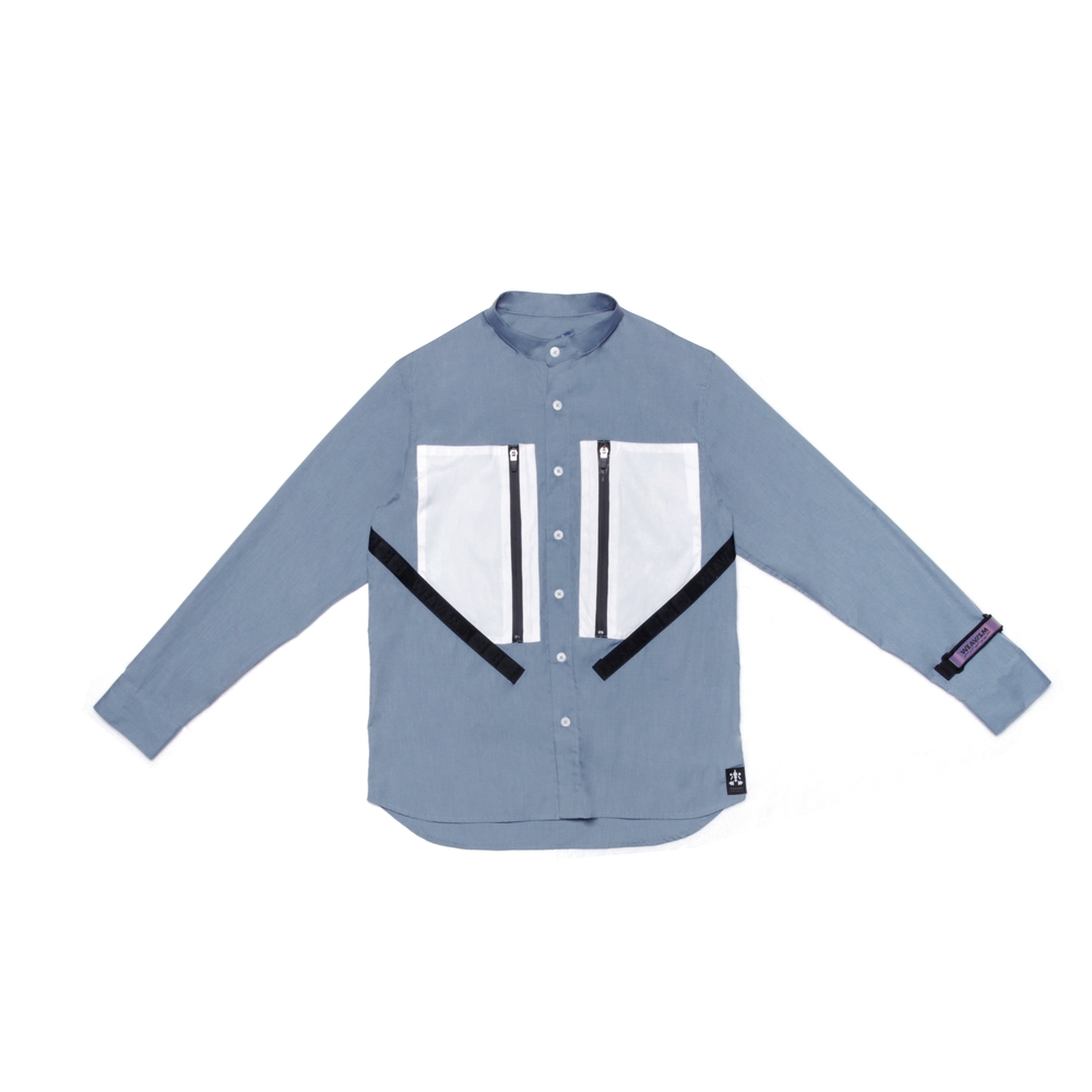 立領雙口袋長袖襯衫-藍