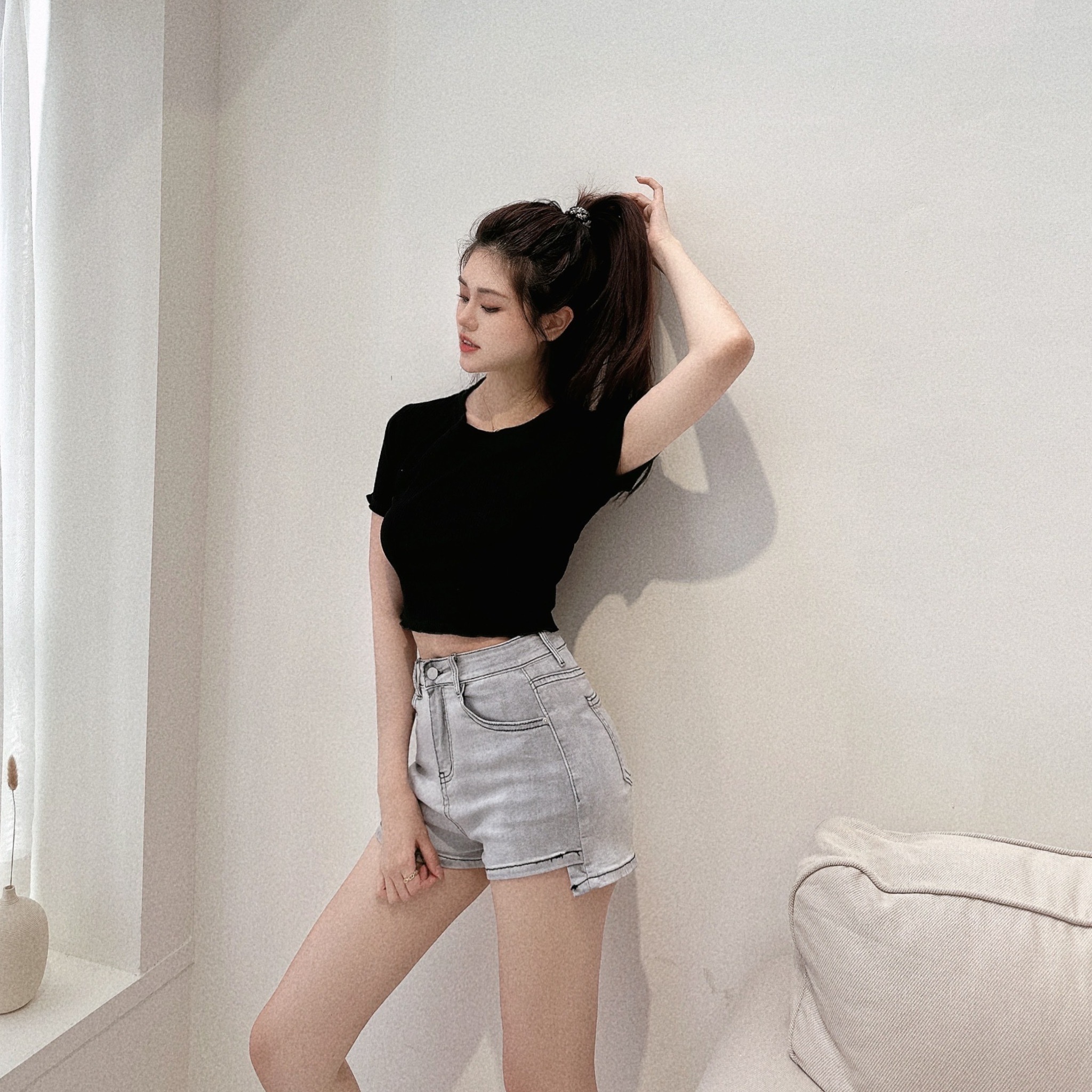 前短後長高腰牛仔短褲/三色