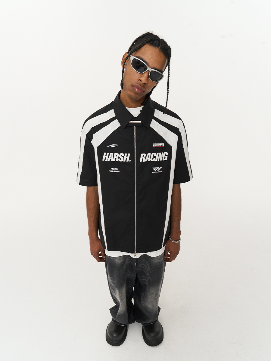 HARSH AND CRUEL 23SS 不規則拼接分割撞色寬鬆賽車短袖襯衫 HM232070222