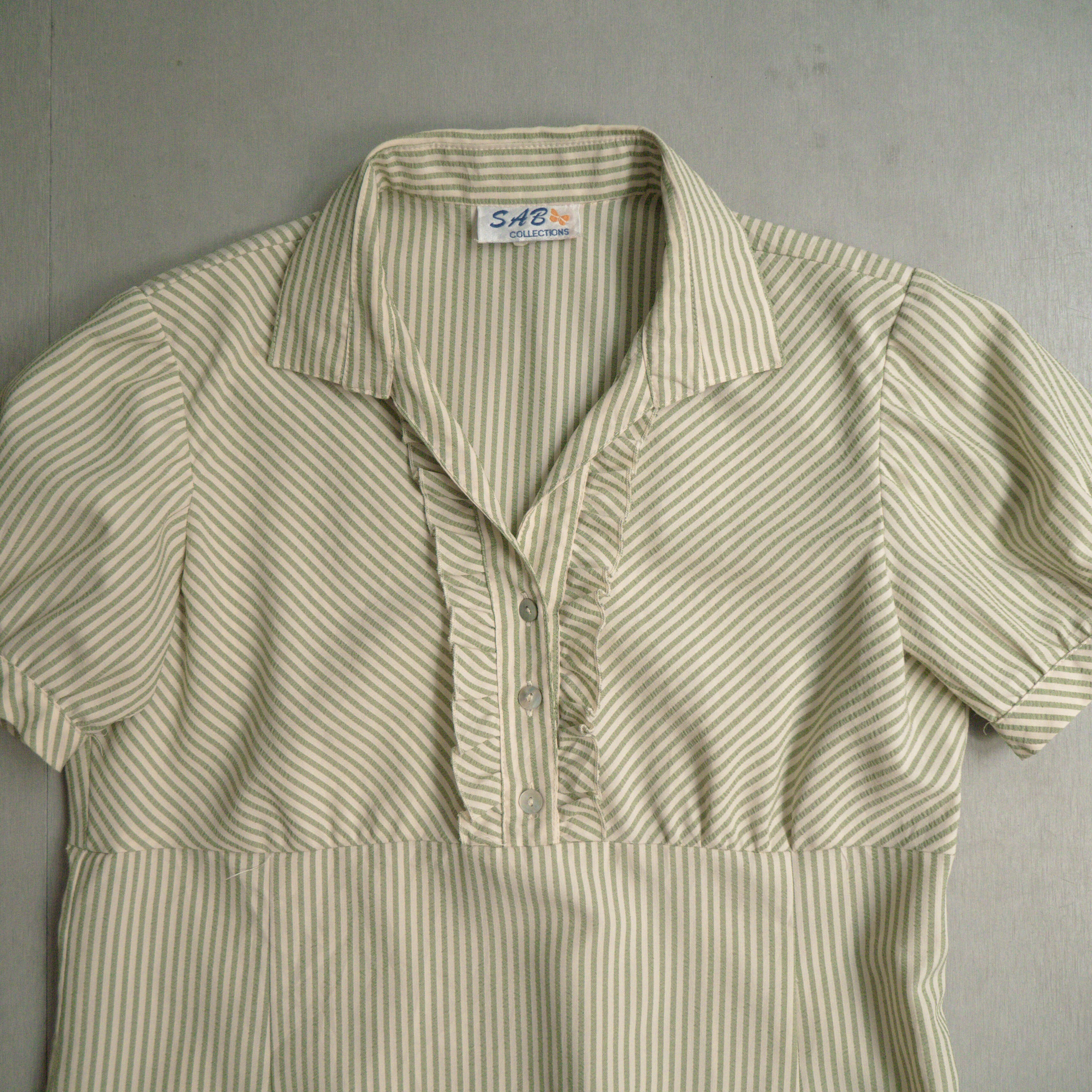 VINTAGE WMN SHIRTS 女裝 淺綠 條紋 嫘縈 泡泡紗 短袖 套頭 襯衫 上衣