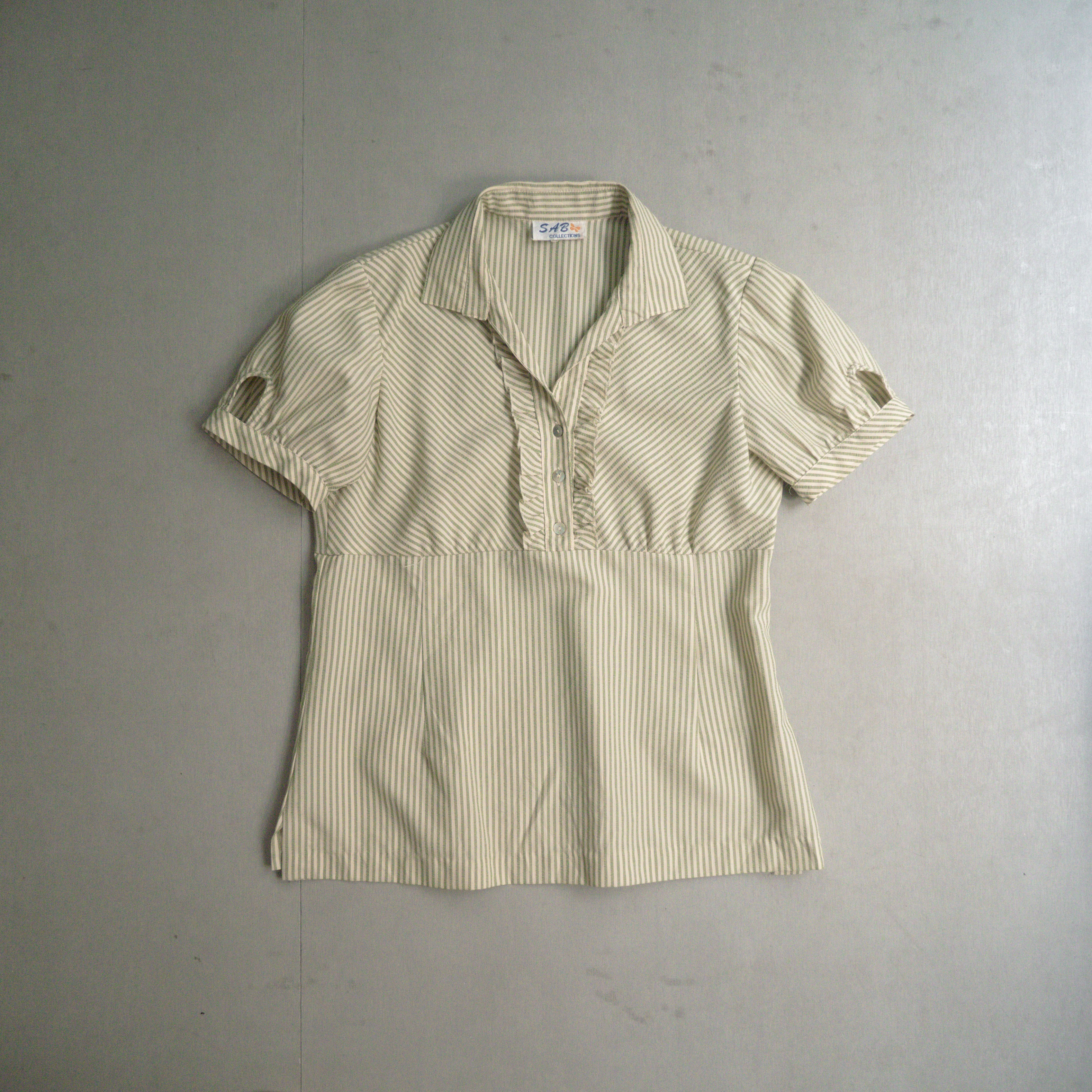 VINTAGE WMN SHIRTS 女裝 淺綠 條紋 嫘縈 泡泡紗 短袖 套頭 襯衫 上衣