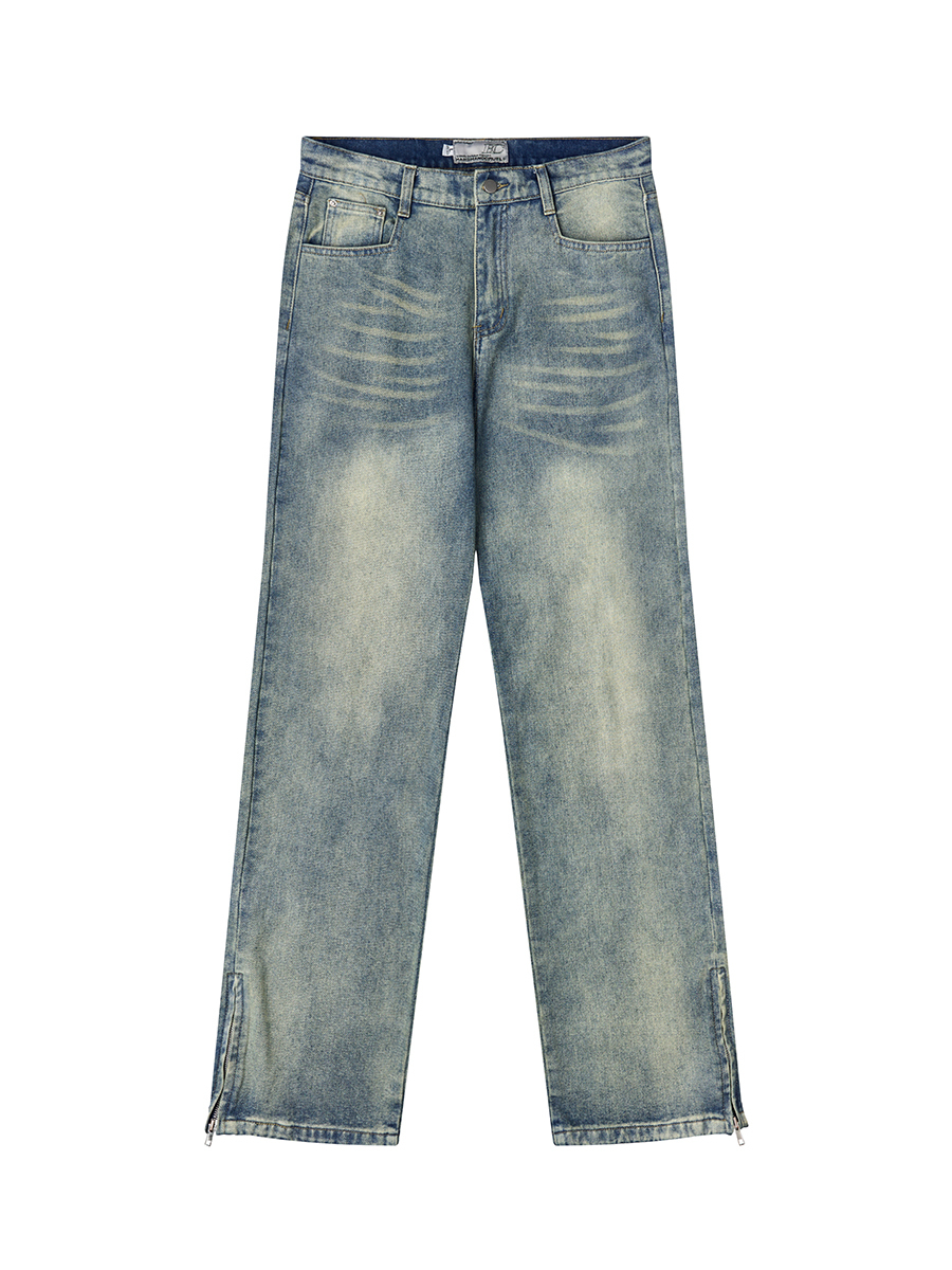 HARSH AND CRUEL 23SS 美式水洗做舊泛黃腳口拉鍊直筒牛仔褲 HN232140230