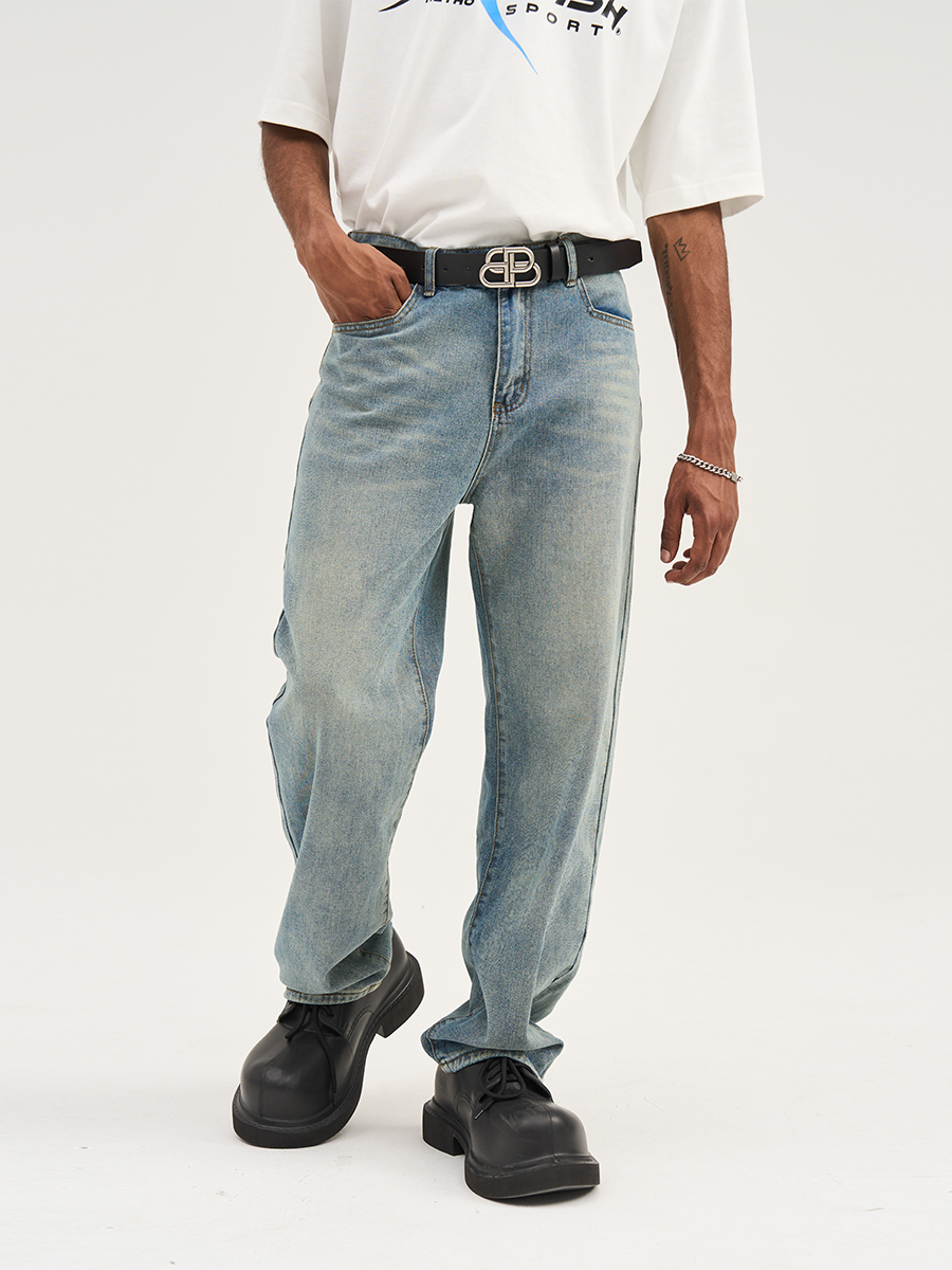 HARSH AND CRUEL 23SS 美式水洗做舊泛黃腳口拉鍊直筒牛仔褲 HN232140230