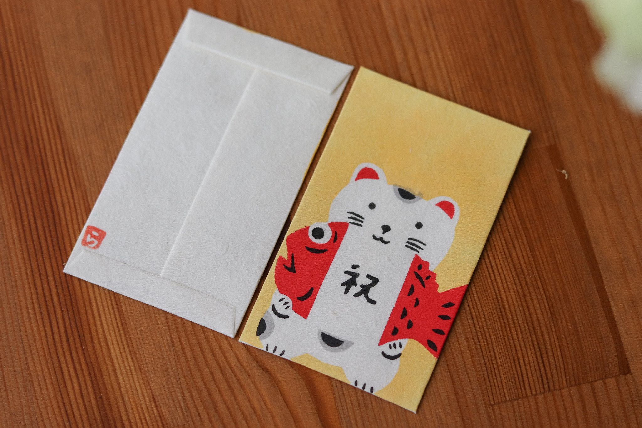 日本京都 羅工房 貓抱鯛魚 手繪迷你紅包袋