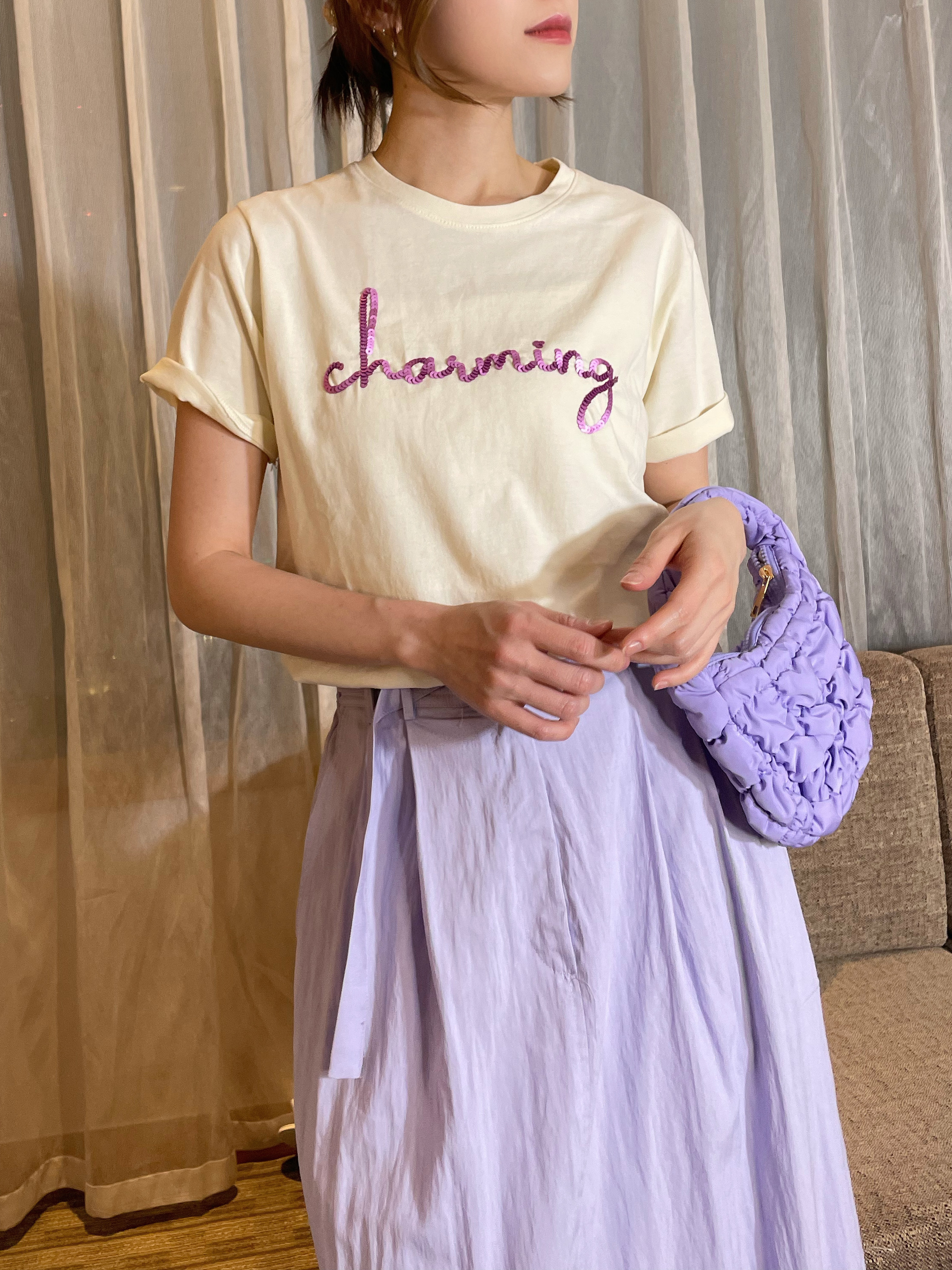 抓皺感腰帶側開衩裙