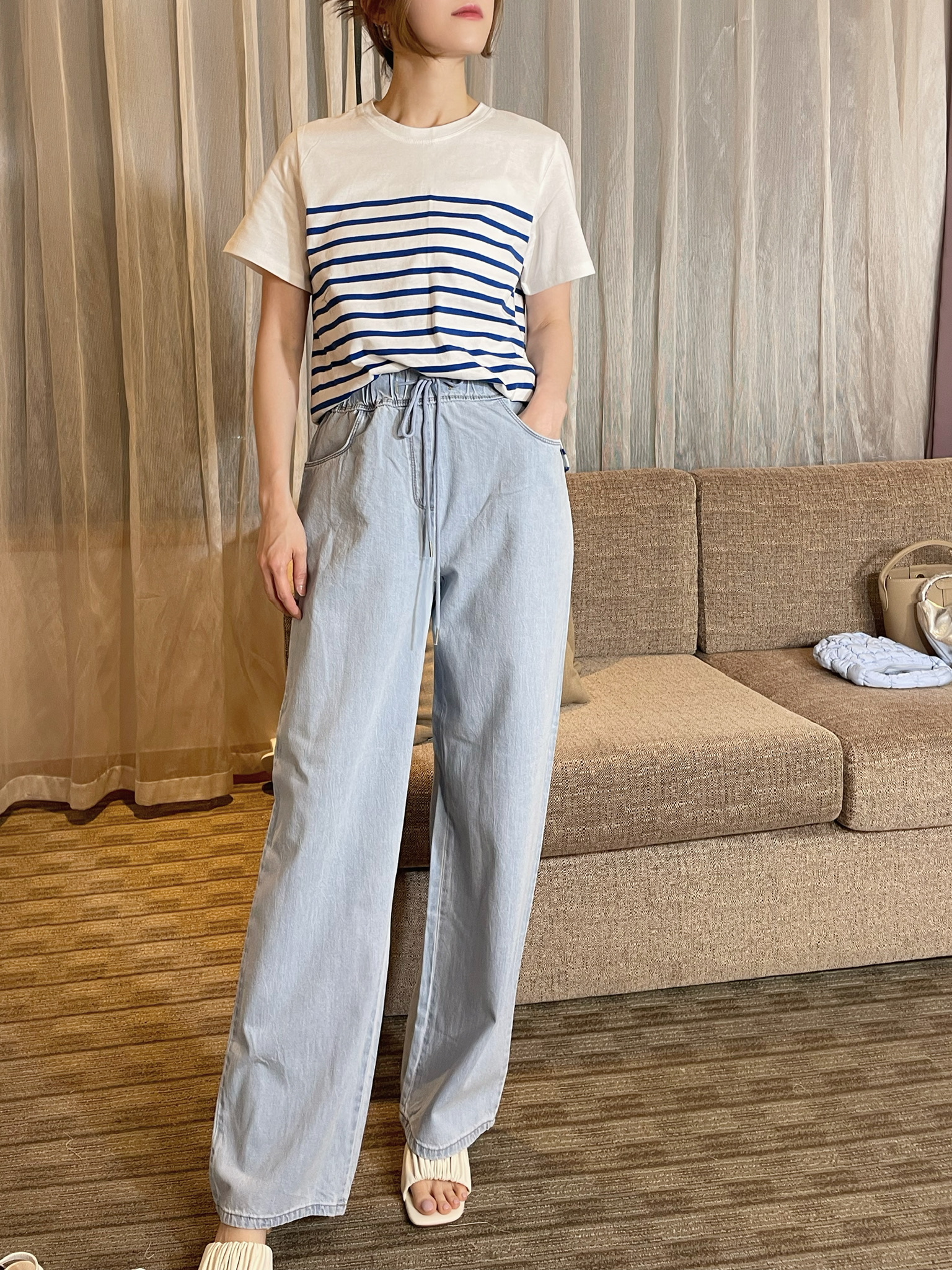 顯腿長抽繩丹寧褲