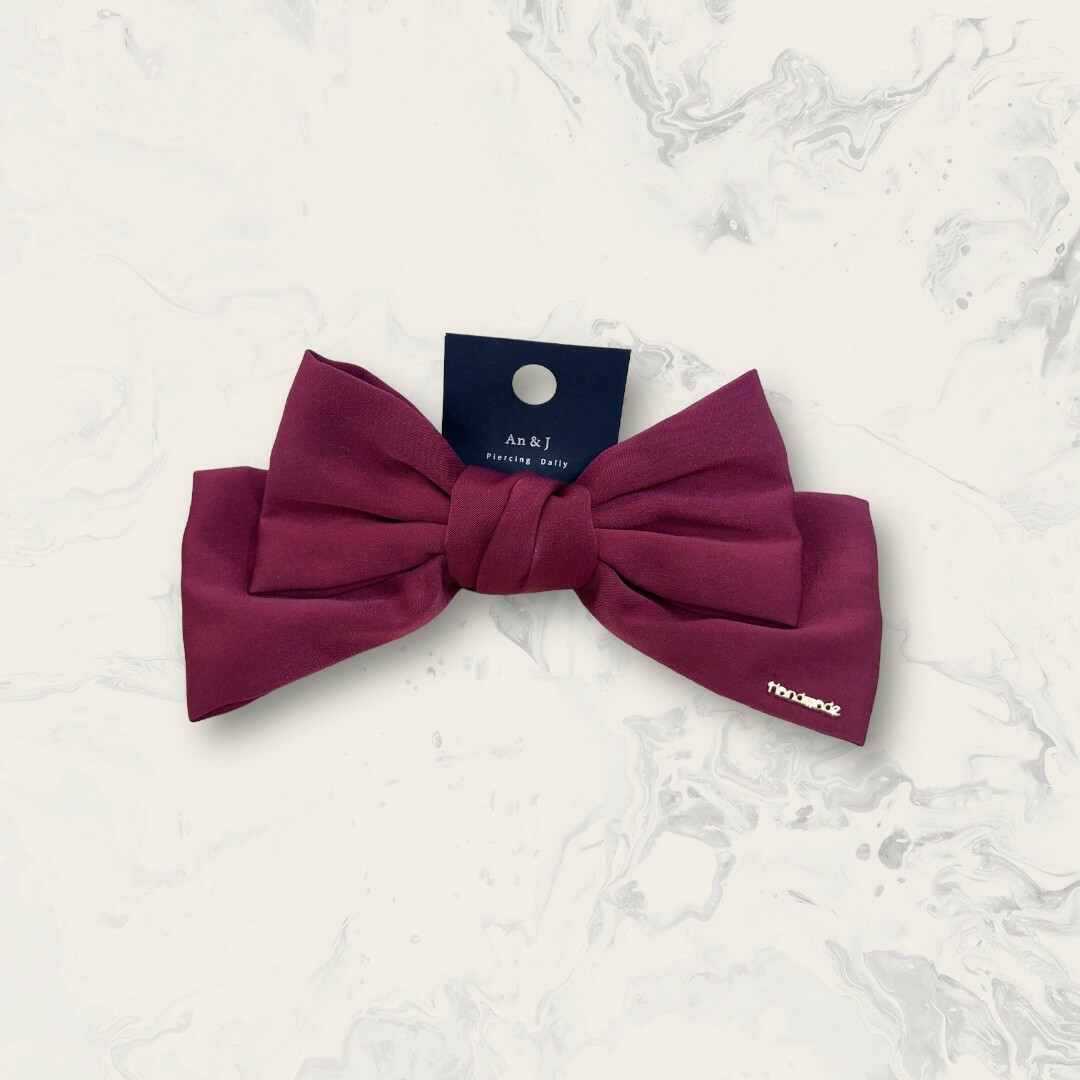 韓國直送髮飾 右下英文金標蜜桃絨雙層蝴蝶結彈夾