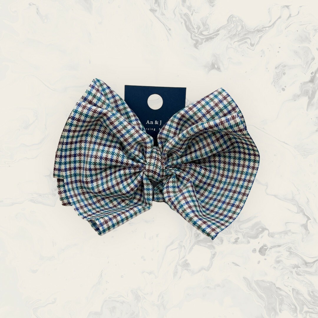 韓國直送髮飾 混色系格紋皺摺多層蝴蝶結彈夾