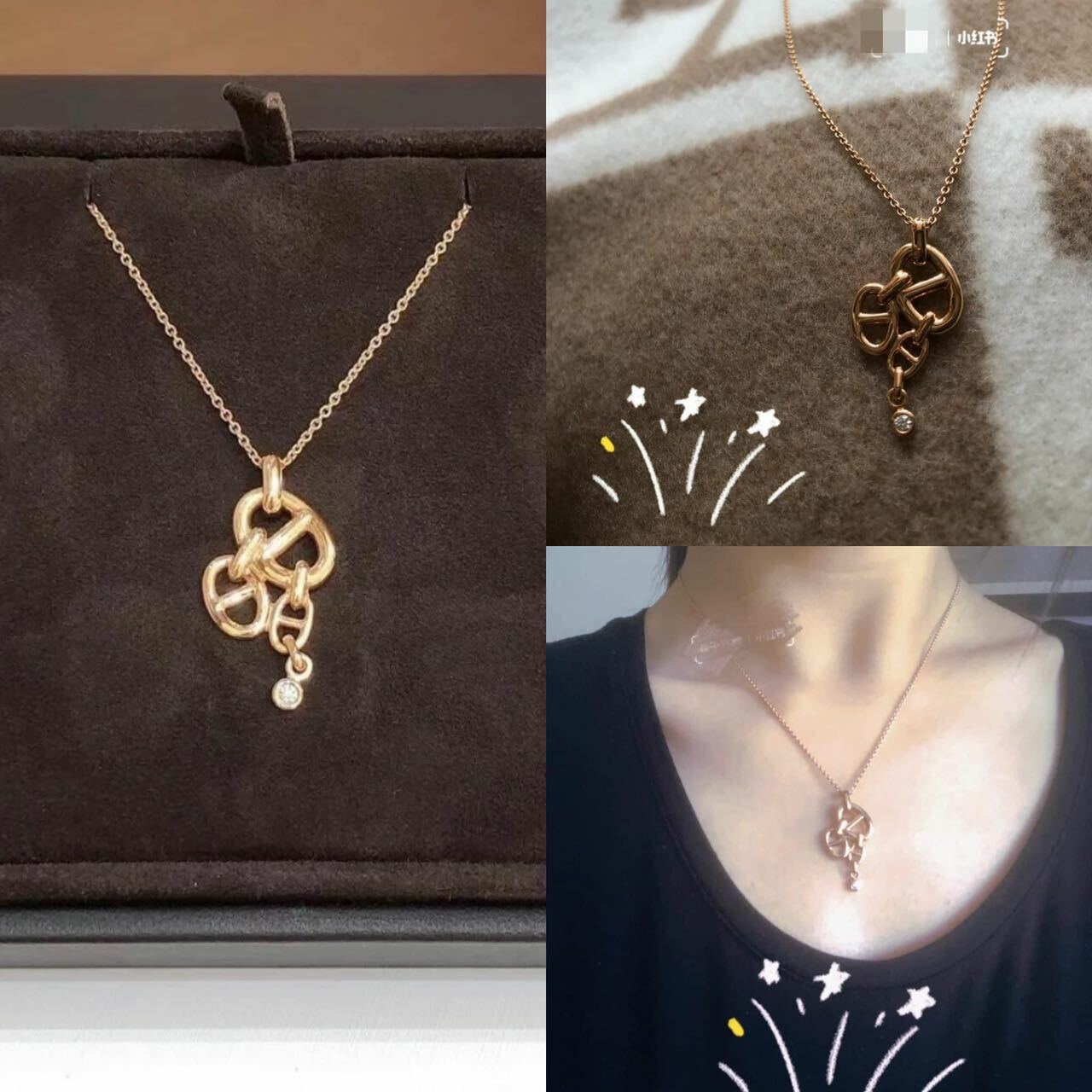 HERMES 18K 玫瑰金 三豬鼻鑽石 Necklace  B17-M